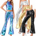 Women's Metallic Pants & Crop Glossy Sparkly Loose Flared Bell Bottom Trousers