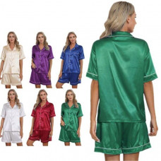 Womens Two-Piece Silk Satin Pajamas Set Short Sleeve Tops with Shorts Nightwear