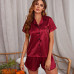 2pcs Women Silk Satin Pajama Set Embroidery Sleepwear Pjs Short Sleeve Nightwear