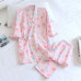 Japanese Harajuku 100% Gauze Cotton Kimono Pajamas Top+Pants Women Nightgown Set