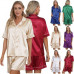 Womens Two-Piece Silk Satin Pajamas Set Short Sleeve Tops with Shorts Nightwear